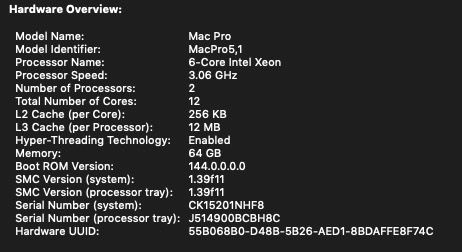 High Spec Mid-2010 Mac Pro 2 X 3.06 Ghz 6 Core, Nvme Ssd 512gb, 64 Gb Ram, Radeon Gpu 8 Gb