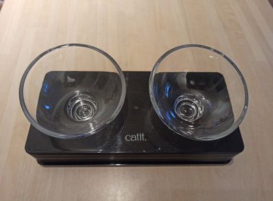 cat double glass bowls with stand, priced to sell