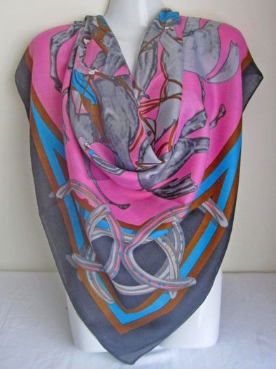Pink Large Ladies Light Scarf Wrap Shawl Kerchief with Horse Hooves Riders Print