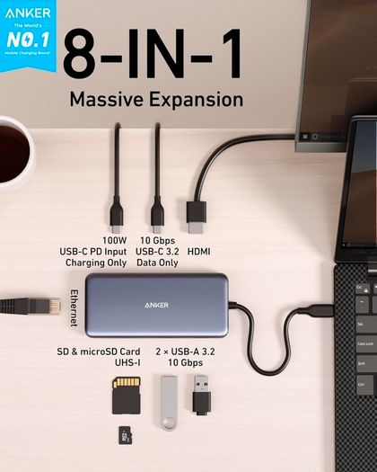 Anker 555 USB C Hub with Ethernet, 8-in-1 Multiport Ethernet Adapter with 4K 60Hz HDMI Port, 85W Power Delivery, 10Gbps USB C and 2 A Data Ports, microSD SD Card Reader