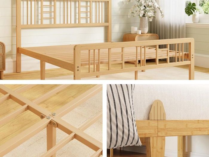 Wooden Double Bed Frame with Headboard - Bamboo Wood Bed Frames with Metal Slats Support and Underbed Storage, Easy to Install, Noise Free, Sturdy, 30.5 cm High