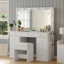 Vanity Desk with Power Outlet, 9 Drawers Makeup Vanity with Mirror and 12 LED Lights, 3 Lighting Modes, Glass Top Vanity Set, Fold-up Panel, Dressing Table for Bedroom, White Image 2