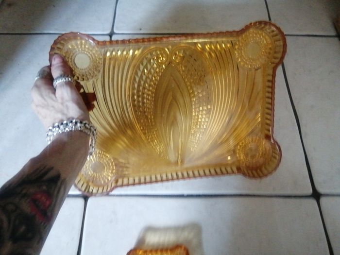 vintage Amber glass dressing table tray and trinket dish