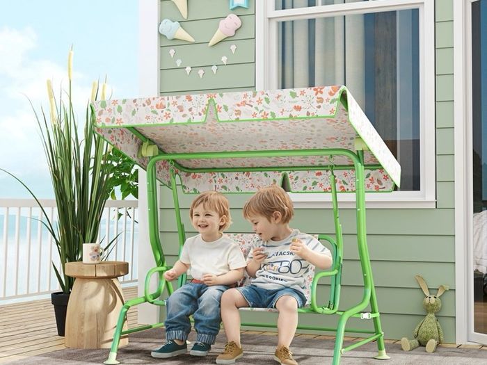 Kids Garden Swing Chair with Adjustable Canopy, Safety Belt, 2 Seater Hammock Swing Bench for Patio, Porch, Green