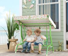 Kids Garden Swing Chair with Adjustable Canopy, Safety Belt, 2 Seater Hammock Swing Bench for Patio, Porch, Green