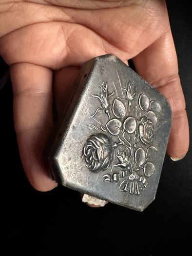 Vintage Floral Powder Compact  Silver-Tone Metal