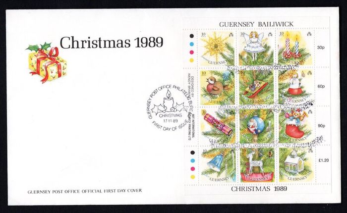 1989 Guernsey Christmas "Christmas Tree Decorations" Sheet Commemorative Stamps Official First Day Cover (FDC)