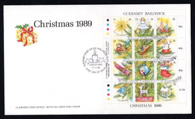 1989 Guernsey Christmas "Christmas Tree Decorations" Sheet Commemorative Stamps Official First Day Cover (FDC)