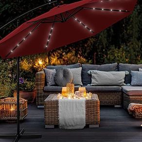 Aluminium LED Solar Cantilever Parasol, Diameter 300 cm, Sun Umbrella with Crank and On/Off Switch, Garden Parasol with UV Protection, Sun Shade with Stand, Market Umbrella, Waterproof