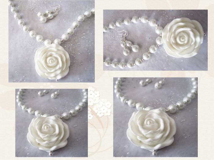 Handmade Statement White Bridal Necklace with Large Rose Pendant & earrings in a GIFT BOX