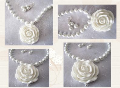 Handmade Statement White Bridal Necklace with Large Rose Pendant & earrings in a GIFT BOX
