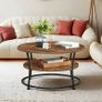 Round Coffee Table with Storage Shelf | Rustic Industrial Living Room Table Image 4