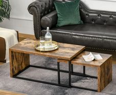 Coffee Tables Nesting Table Set of 2 Side Table w/ Metal Frame for Living Room Bedroom Black & Brown