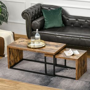 Coffee Tables Nesting Table Set of 2 Side Table w/ Metal Frame for Living Room Bedroom Black & Brown