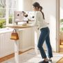 lectric Standing Desk ONE PIECE Height Adjustable Standing Desk With Memory Smart Panel Sit Stand Table With Hooks and Cupholder for Home Office (White Frame+ Maple Desktop) Image 3