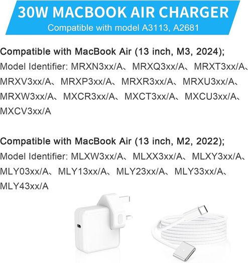 MacBook Charger - 30W C to Magnetic 3 Charger Compatible with Mac Book Air (M3, 2024 & M2, 2022 & M1, 2020), Mac Book Pro 13 inch (M2, 2022), Models A3113 A2681 Original Quality 6.6FT Braided Cable
