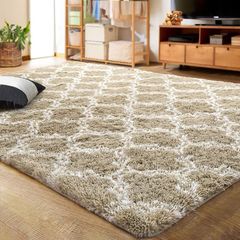 SALE | Luxury Velvet Shag Area Rug Modern Indoor Plush Fluffy Rugs, Extra Soft and Comfy Carpet, Geometric Moroccan Rugs for Bedroom Living Room Girls Kids Nursery, 4x6 Feet Beige/White