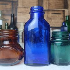 456 - Set of Three Beautiful Vintage Glass Decorative Collectible Bottles - Amber Eire Bovril, Cobalt Blue Magnesia and Turquoise Science Cream