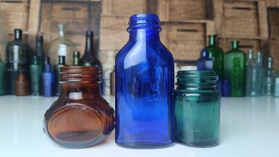 456 - Set of Three Beautiful Vintage Glass Decorative Collectible Bottles - Amber Eire Bovril, Cobalt Blue Magnesia and Turquoise Science Cream