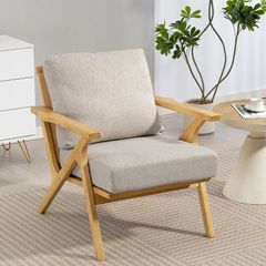 Scandinavian Linen-Look Armchair with Cushions & Rubberwood Legs, 76 x 87 x 88 cm (30 x 34 x 35 in)
