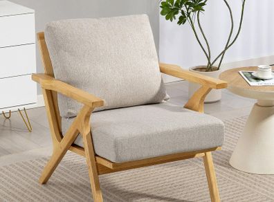 Scandinavian Linen-Look Armchair with Cushions & Rubberwood Legs, 76 x 87 x 88 cm (30 x 34 x 35 in)