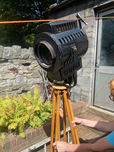 Vintage Industrial Theater Spotlight Floor Lamp on Wooden Tripod  Re-wired