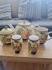 Tea Set/Vintage Pottery with Fruit Pattern .. FINAL Price Drop