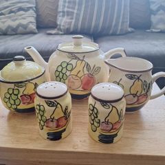 Tea Set/Vintage Pottery with Fruit Pattern .. FINAL Price Drop