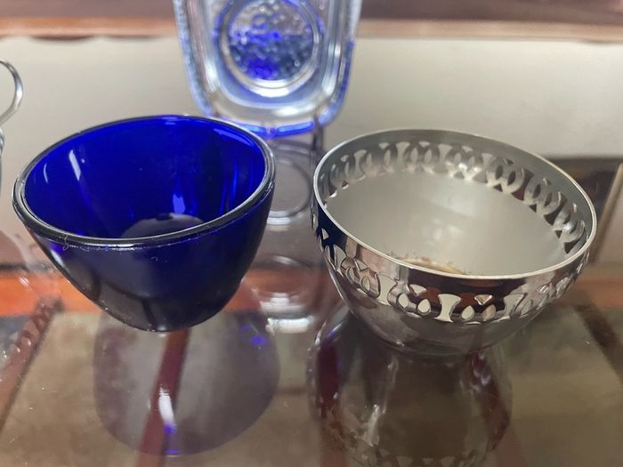 Vintage Silver Chromed Metal Cobalt Blue Glass Sugar and Creamer Set Serving Tray