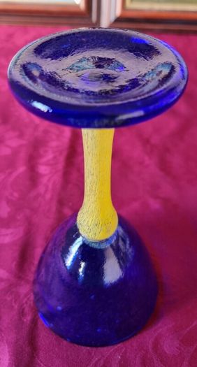 Murano Style Cobalt Blue And Yellow Glass Stemmed Goblet
