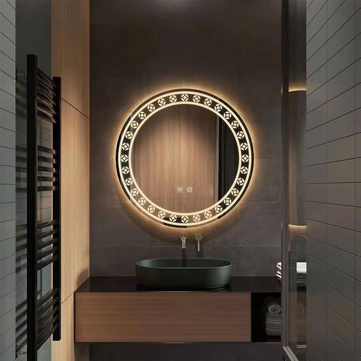 NEW SALE | Patterned 500mm Round Bathroom Mirror Wall Mounted Mirror with LED Light, Sleekest Illuminated Vanity Mirror, Anti-Fog Large Circle Makeup Mirror, 3-Color Dimmable LED Light, IP44