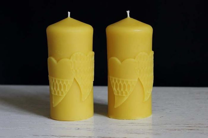 Pure beeswax candle with hearts. Valentines day gift.