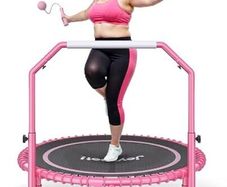 450 LBS Foldable Mini Trampoline for Adults, 40 inch Indoor Fitness Rebounder with U-Shape Adjustable Foam Handle, Quiet Bungee Jump System & Cordless Jump Ropes