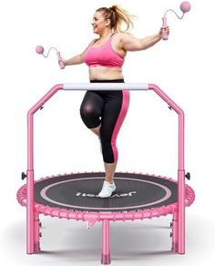 450 LBS Foldable Mini Trampoline for Adults, 40 inch Indoor Fitness Rebounder with U-Shape Adjustable Foam Handle, Quiet Bungee Jump System & Cordless Jump Ropes