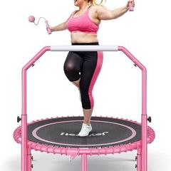 450 LBS Foldable Mini Trampoline for Adults, 40 inch Indoor Fitness Rebounder with U-Shape Adjustable Foam Handle, Quiet Bungee Jump System & Cordless Jump Ropes