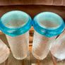 Set of Glass Genie Bottles with Turquoise Blue Flame Stoppers and Tall Containers with Mushroom Lids MCM Retro Image 9