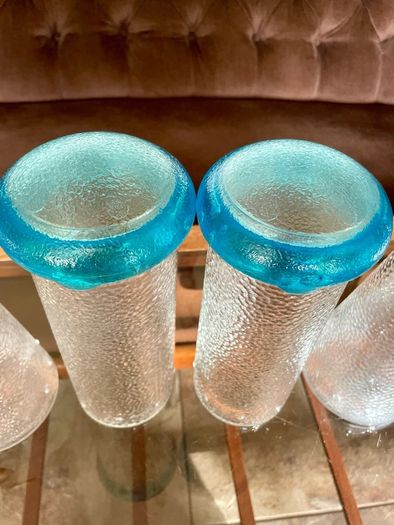 Set of Glass Genie Bottles with Turquoise Blue Flame Stoppers and Tall Containers with Mushroom Lids MCM Retro