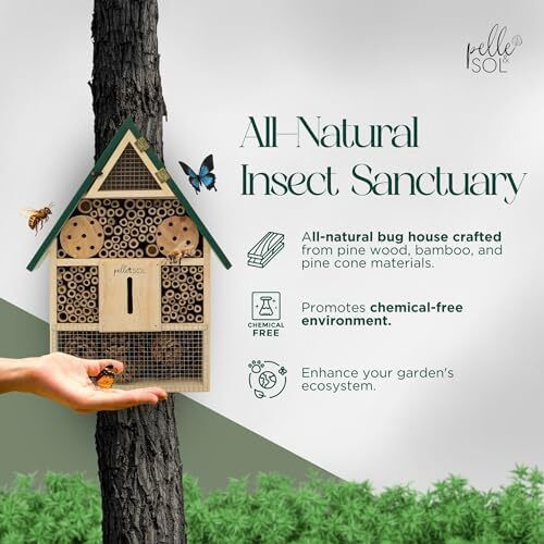 Eco-Friendly Bee House | Bug Hotel for Bees, Butterfly, Insect | Kid Friendly Weather Resistant Hanging Bee Hotel Bamboo Nesting Habitat | Bug House Garden Decor & Nature Gifts for Kids