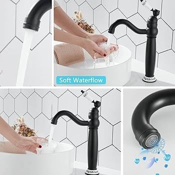 Bathroom Basin Mixer Tap, Mono High Rise Basin Tap for Countertop, Tall Traditional Sink Faucet with Ceramic Lever, 360 Swivel Spout, Classic Taps, Retro Style, Brass (Matte Black
