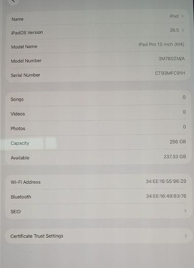Apple iPad Pro 13" M4 (A2925) 256GB 2024 - Space Black, WiFi maximum capacity 100% cycle count 132
