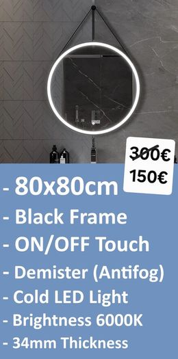 LED Bathroom Mirror Fogless Demister 80x80cm