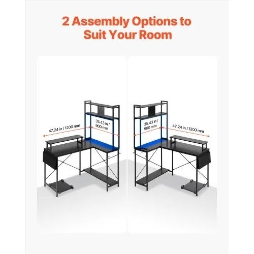 L-Shaped Gaming Desk with LED Lights, 1.2m Reversible Corner Computer Desk with Monitor Stand, Power Outlets, Movable CPU Stand & Shelf
