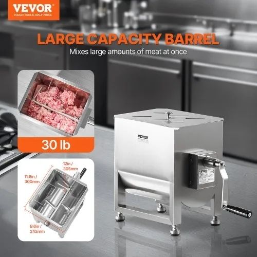 Manual Meat Mixer, 30L Fixed Tank Meat Processing Equipment(Mixing Max 30LBS for Meat), Stainless Steel Meat Mixer, Sausage Mixer Machine with Lid Handle Gear Reducer, Ground Beef Hand Mixer