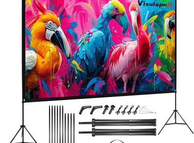 No Wrinkles 100 Inch Projector Screen - Super Stable with Dual Tripods, Strong Stands, Portable Design for Indoor/Outdoor, 16:9, 4K