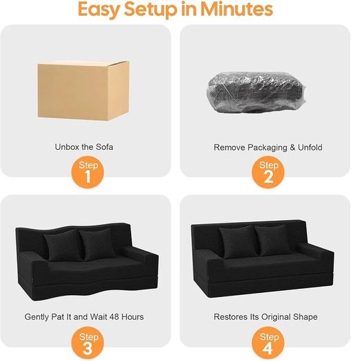 Convertible Folding Sofa Bed, Corduroy Boneless Couch, Black Folding Foam Boneless Couch with 2 Pillows, Sleeper Lounger Foldable Sofa for Small Spaces, Bedroom and Guest Room