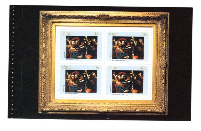 2004 Ireland 140th Anniversary of National Gallery of Ireland 3rd Issue Commemorative Stamp Booklet Pane "The Taking of Christ" by Michelangelo Merisi da Caravaggio, Mint Never Hinged (MNH). Hibernian HB149
