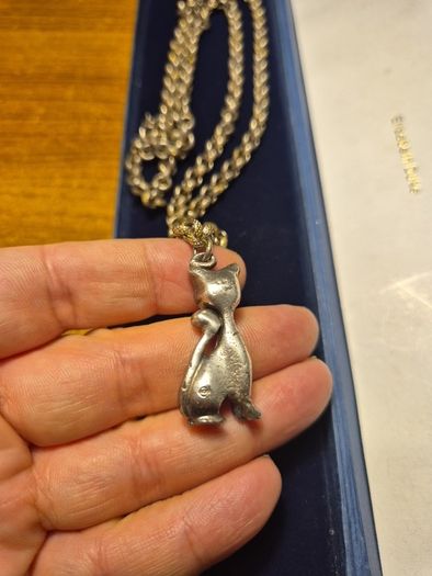 Vintage Stamped Sterling Silver Heavy Elaborate Chain and Cat Pendant