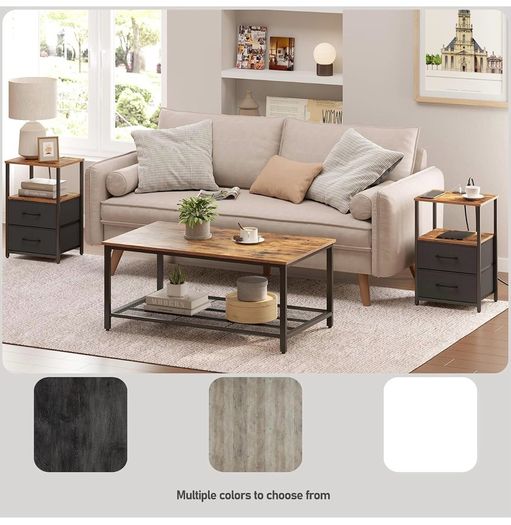 Bedside Table with Charging Station, Side Table with 2 USB Ports and Outlets, Nightstand with Cloth Drawer, Set of 2, End Table, Brown and Black