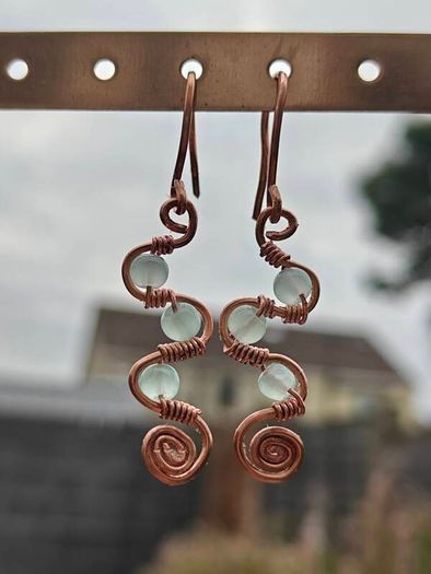 Handmade Copper Wire Wrapped Earrings, Milky Glass Beads, Boho Spiral Dangles
