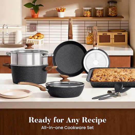17pcs Induction Hob Pan Set, Black Granite Cookware Sets Pots and Pans Sets Non Stick, Nonstick Cookware and Bakeware, PFOA & PFOS Free